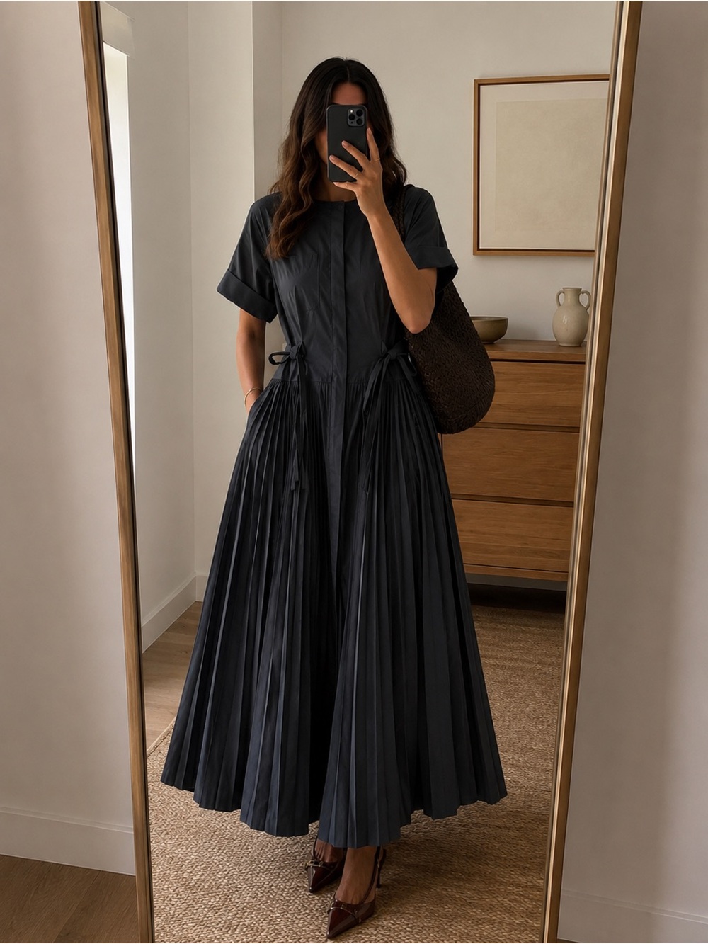 Kobi Halperin Designer Pleated Belted Midi Shirt Dress Black Size S Brand New